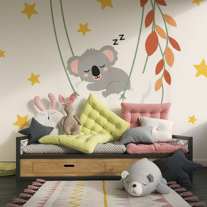 Nursery room wallpaper | Sleepy koala in the stars