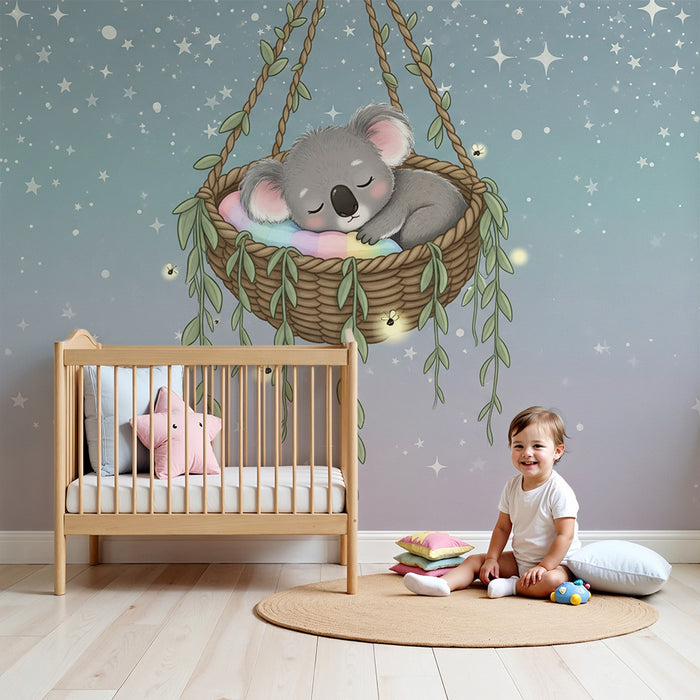 Papier peint chambre bébé | Koala endormi dans son hamac étoilé