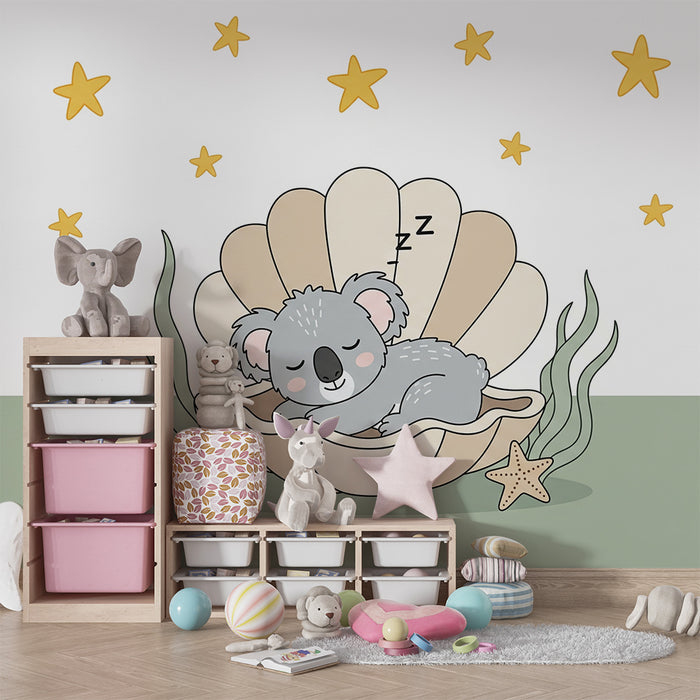 Papel pintado infantil | Koala durmiendo en una concha