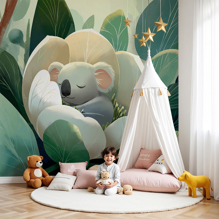 Nursery room wallpaper | Sleeping koala in a flower in the middle of nature