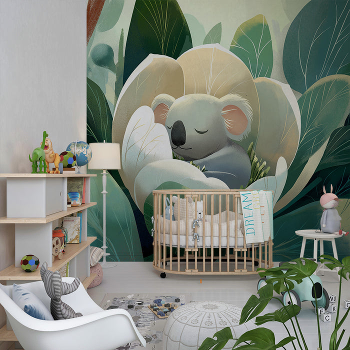 Nursery room wallpaper | Sleeping koala in a flower in the middle of nature