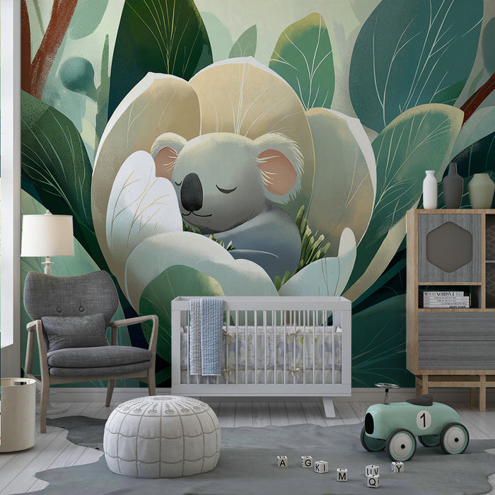 Nursery room wallpaper | Sleeping koala in a flower in the middle of nature