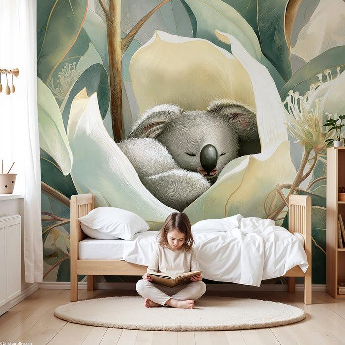 Nursery room wallpaper | Sleeping koala in a magnolia flower