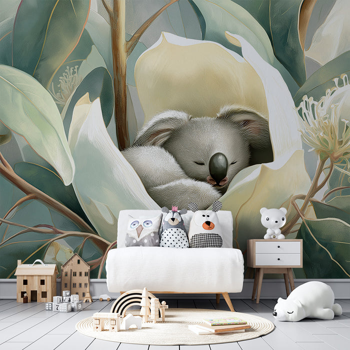 Nursery room wallpaper | Sleeping koala in a magnolia flower