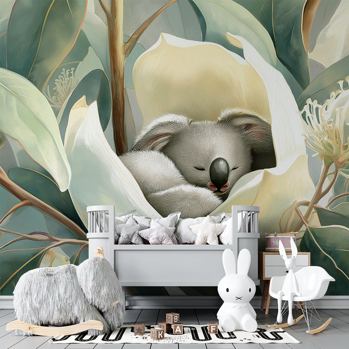 Nursery room wallpaper | Sleeping koala in a magnolia flower