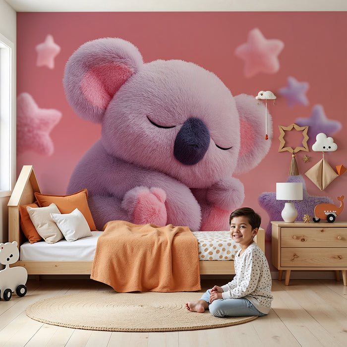Nursery room wallpaper | Sleeping koala surrounded by soft stars