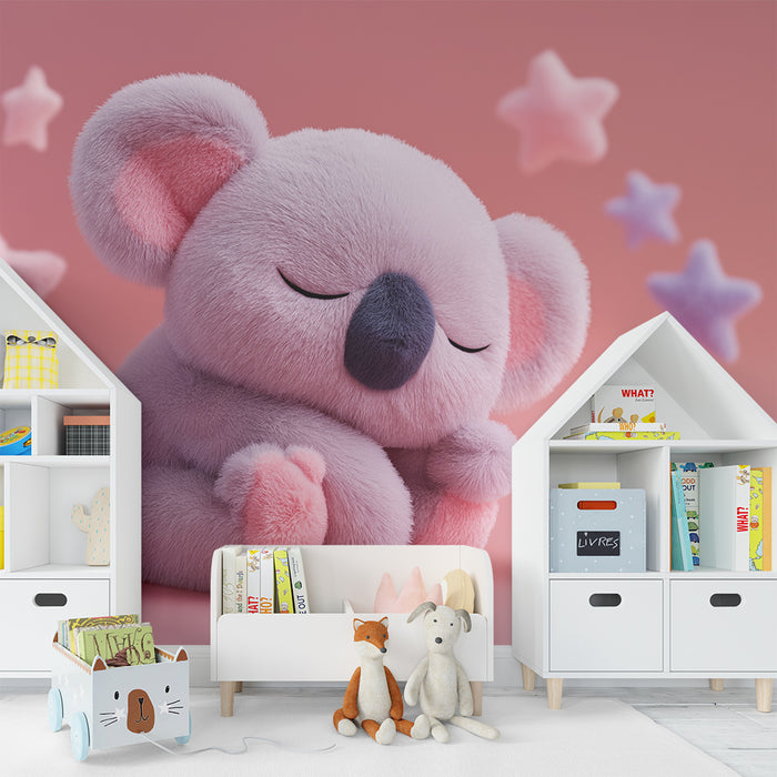 Nursery room wallpaper | Sleeping koala surrounded by soft stars