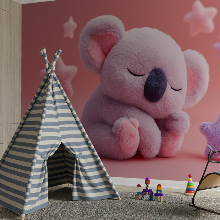 Nursery room wallpaper | Sleeping koala surrounded by soft stars