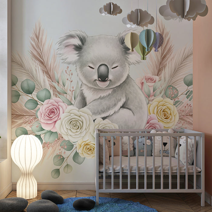 Barntapet | Sovande koala omgiven av ömtåliga blommor