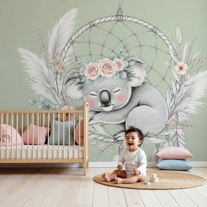 Nursery room wallpaper | Sleeping koala and floral dream catcher