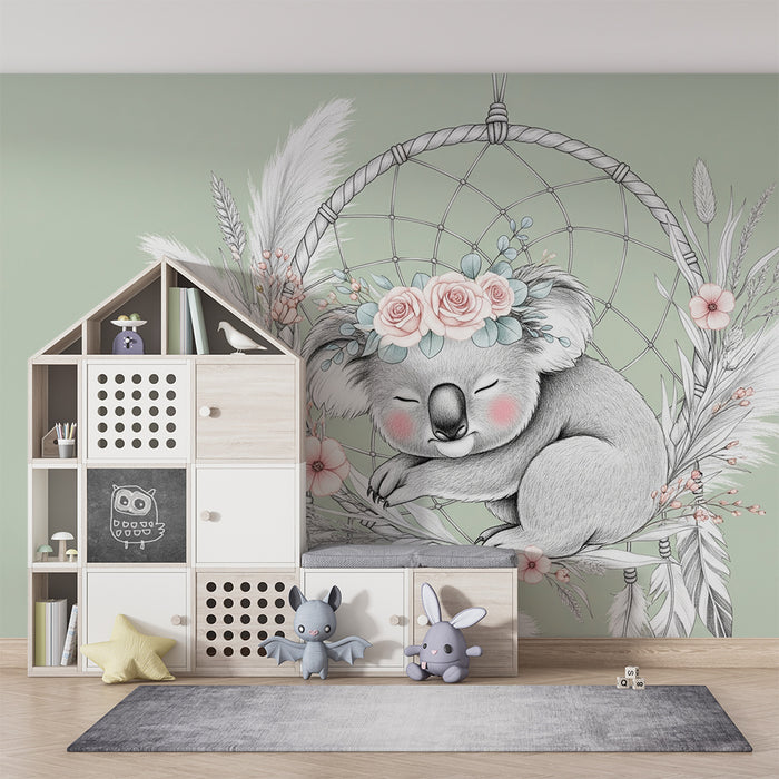 Nursery room wallpaper | Sleeping koala and floral dream catcher