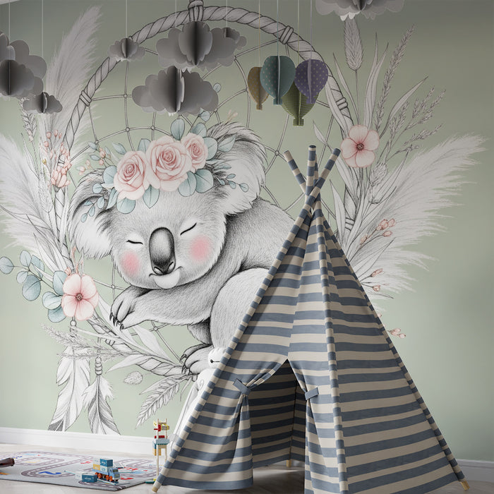 Nursery room wallpaper | Sleeping koala and floral dream catcher