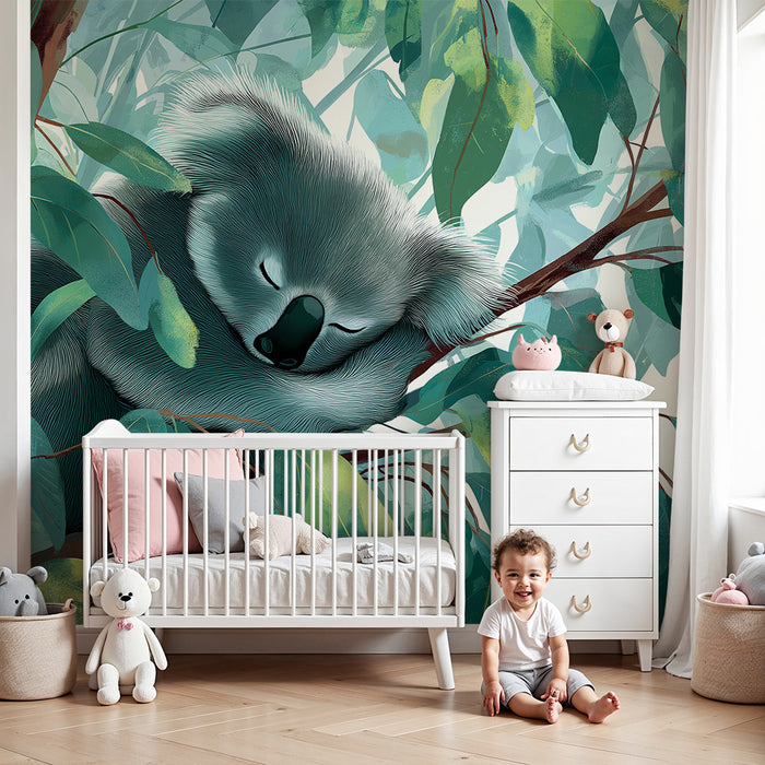 Børneværelse tapet | Sovende koala blandt eukalyptusblade