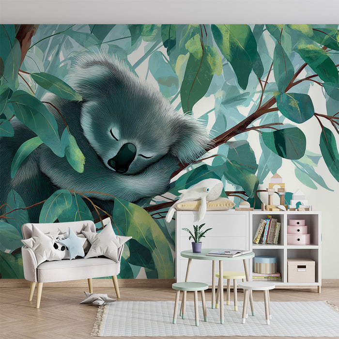 Børneværelse tapet | Sovende koala blandt eukalyptusblade
