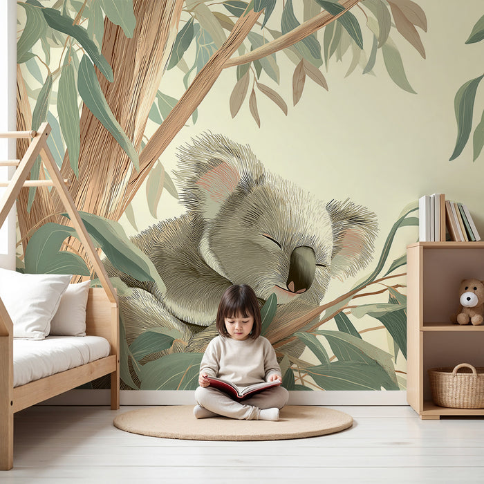 Nursery room wallpaper | Sleeping koala among eucalyptus leaves