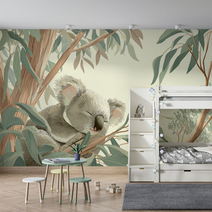 Nursery room wallpaper | Sleeping koala among eucalyptus leaves