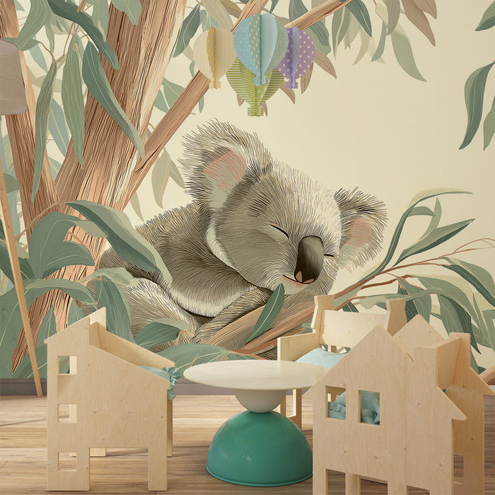 Nursery room wallpaper | Sleeping koala among eucalyptus leaves