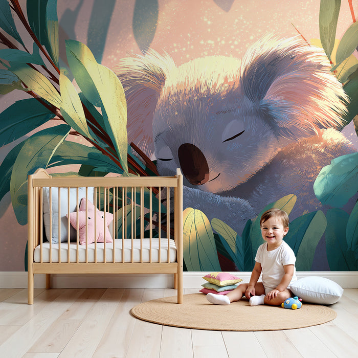 Nursery room wallpaper | Sleeping koala among lush leaves