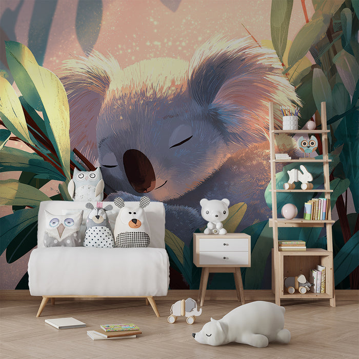 Nursery room wallpaper | Sleeping koala among lush leaves