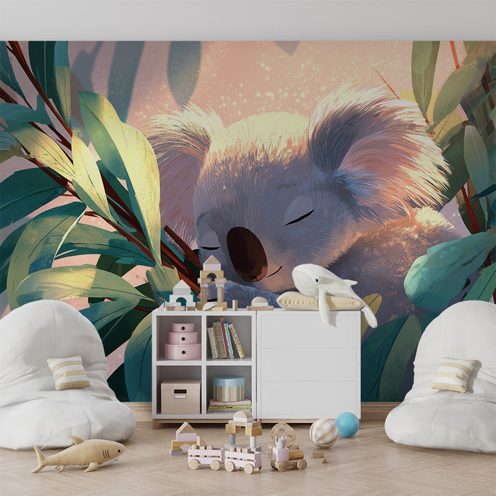 Nursery room wallpaper | Sleeping koala among lush leaves