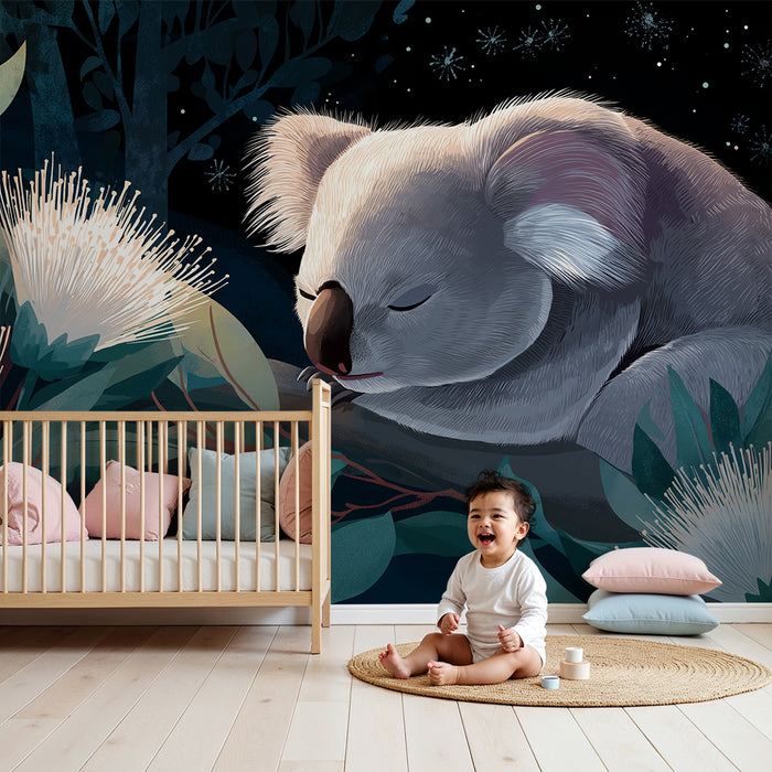 Nursery room wallpaper | Sleeping koala among Australian flowers