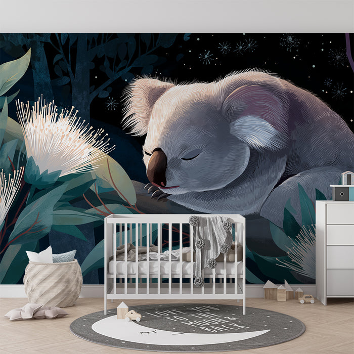 Nursery room wallpaper | Sleeping koala among Australian flowers