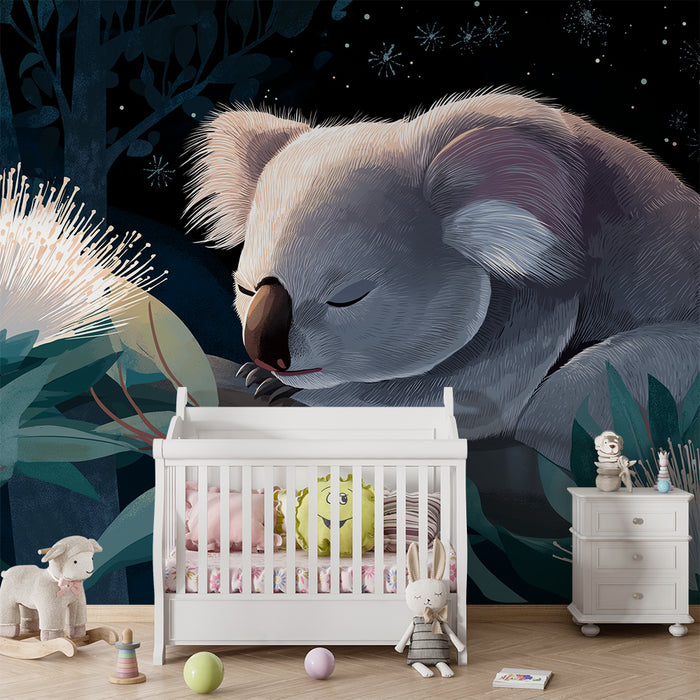 Nursery room wallpaper | Sleeping koala among Australian flowers
