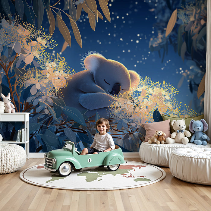 Barntapet | Sovande koala bland blommor under en stjärnklar himmel