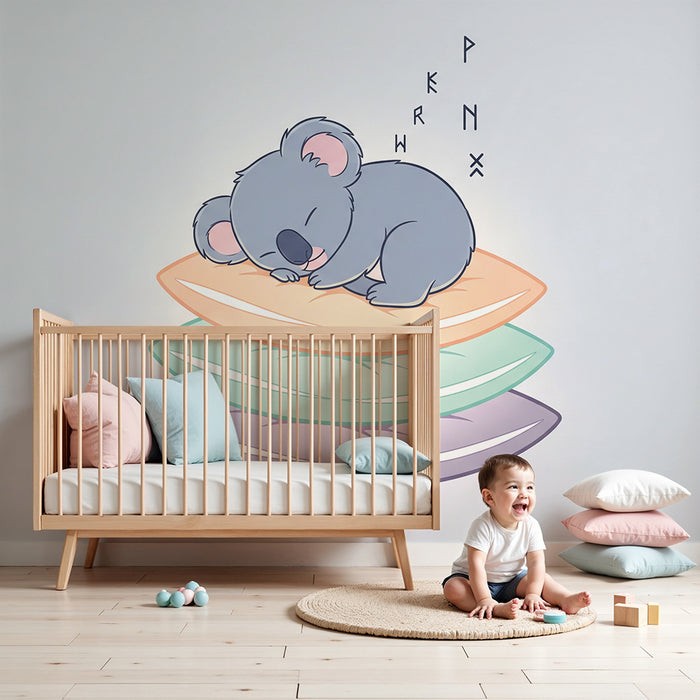 Nursery room wallpaper | Sleeping koala on colorful cushions