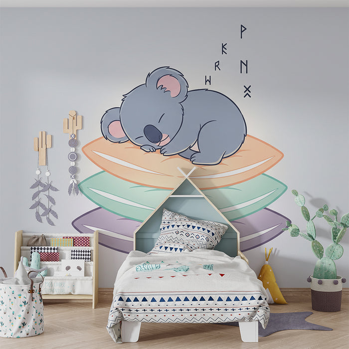 Nursery room wallpaper | Sleeping koala on colorful cushions