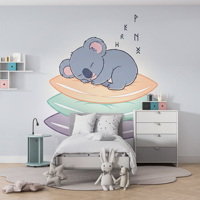 Nursery room wallpaper | Sleeping koala on colorful cushions