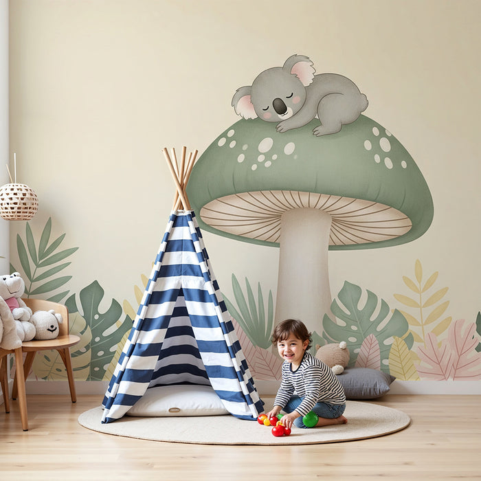 Papier peint chambre bébé | Koala endormi sur un champignon