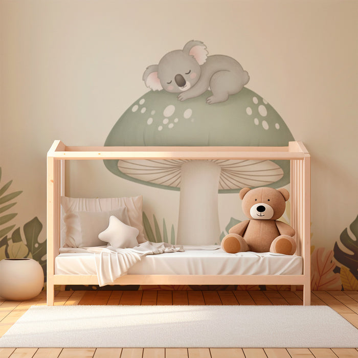 Papier peint chambre bébé | Koala endormi sur un champignon