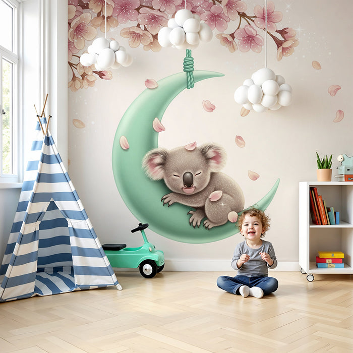 Papier de parede quarto bebê | Spavaći koala na mjesecu sa cvjetovima trešnje