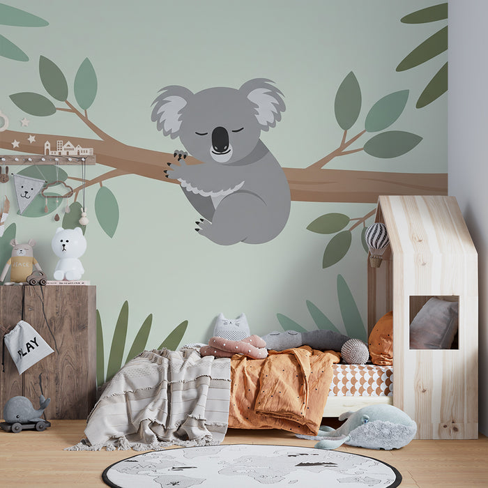 Nursery room wallpaper | Sleeping koala on a branch in the midst of soft foliage