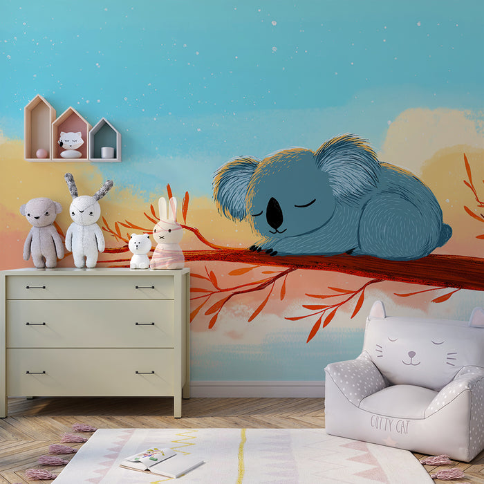 Barntapet | Sovande koala på en gren med pastellfärgad himmel