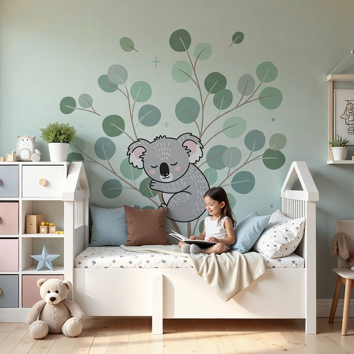 Papel pintado infantil | Koala dormido en una rama con hojas suaves
