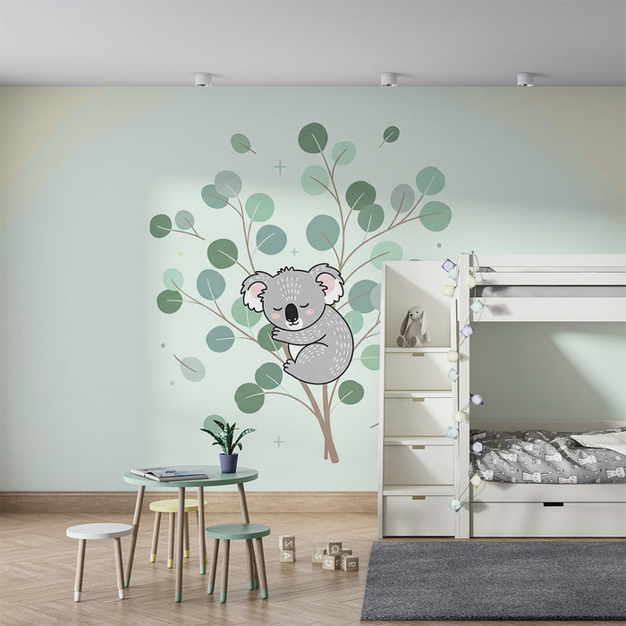 Papel pintado infantil | Koala dormido en una rama con hojas suaves