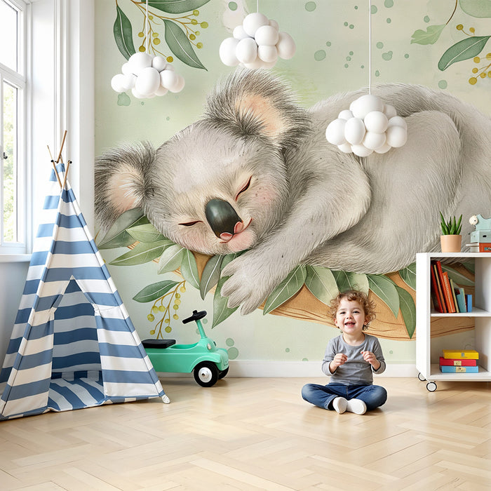 Nursery room wallpaper | Sleeping koala on a branch with soft foliage