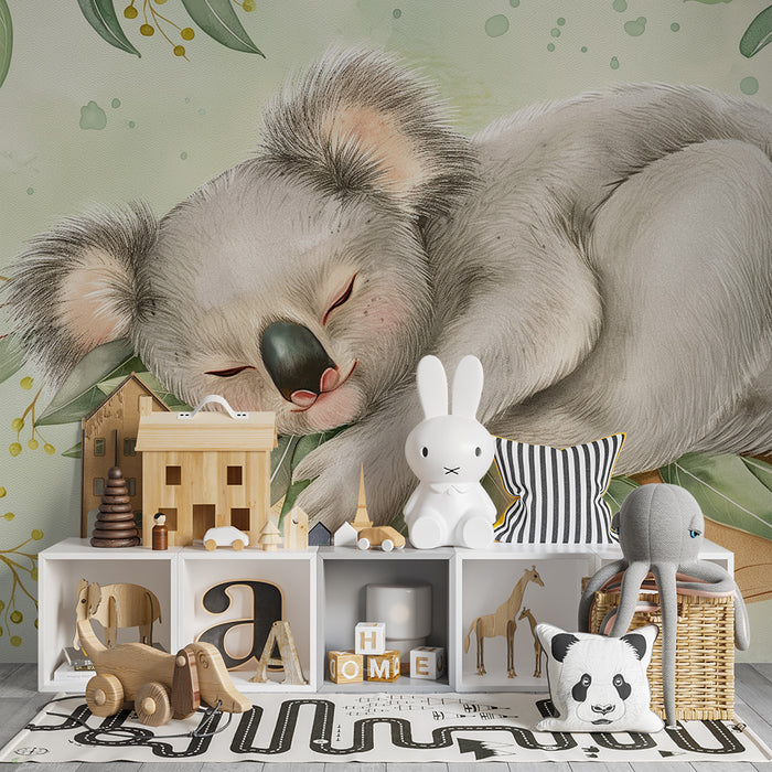 Nursery room wallpaper | Sleeping koala on a branch with soft foliage