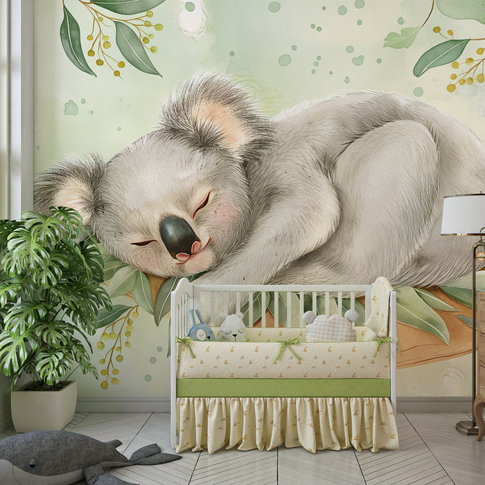 Nursery room wallpaper | Sleeping koala on a branch with soft foliage