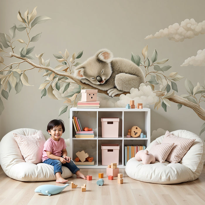 Nursery room wallpaper | Sleeping koala on a branch with soft clouds