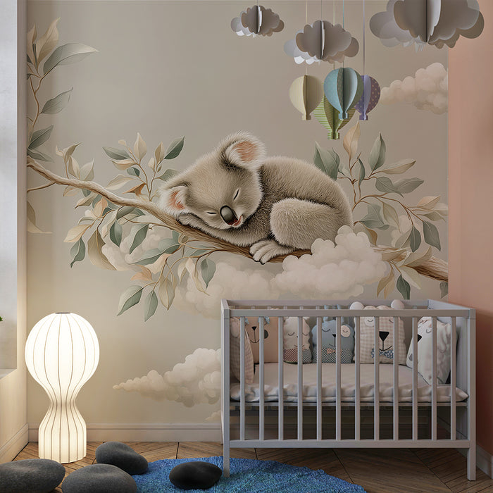 Nursery room wallpaper | Sleeping koala on a branch with soft clouds
