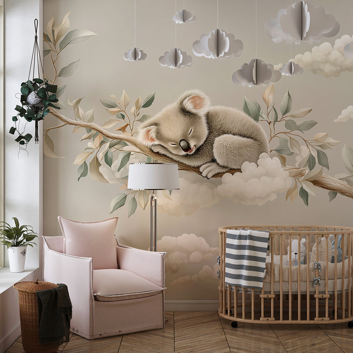 Nursery room wallpaper | Sleeping koala on a branch with soft clouds