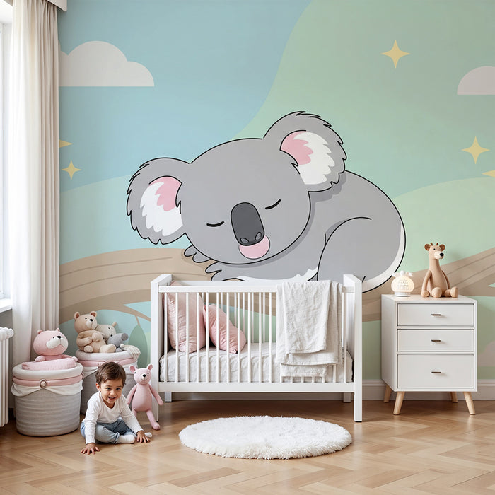 Nursery room wallpaper | Sleeping koala on a branch with a soothing sky