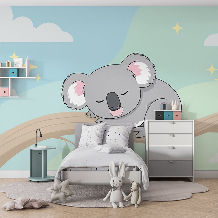 Nursery room wallpaper | Sleeping koala on a branch with a soothing sky