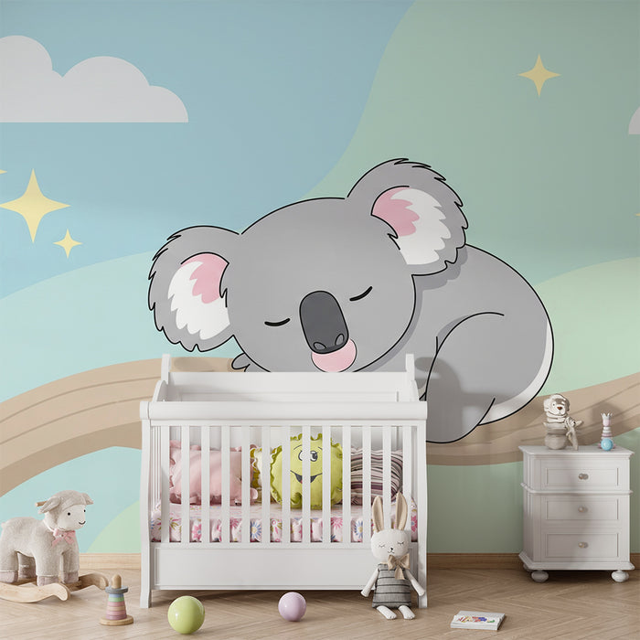 Nursery room wallpaper | Sleeping koala on a branch with a soothing sky