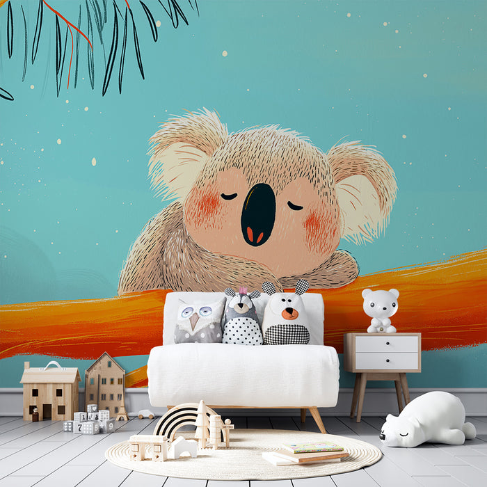 Babykamer behang | Slapende koala op een tak van eucalyptus