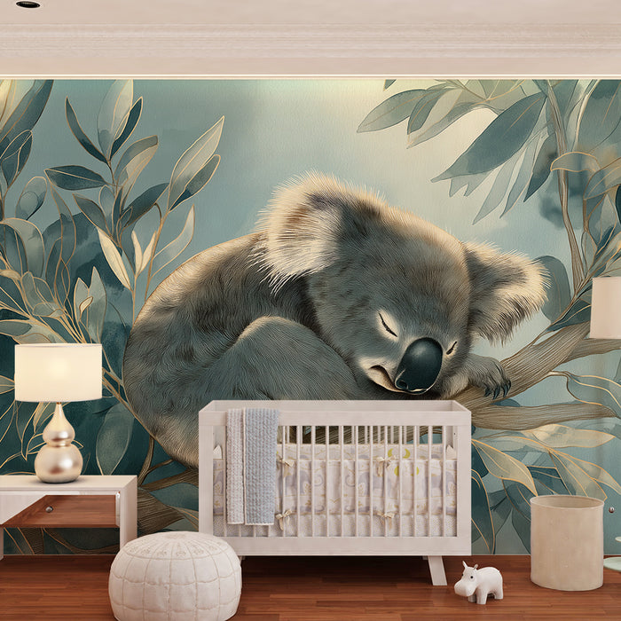Papel de parede quarto bebê | Usnjeni koala na pomirjujoči veji listja