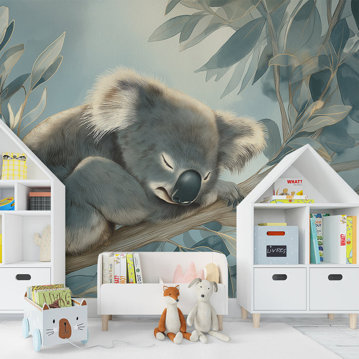 Papel de parede quarto bebê | Usnjeni koala na pomirjujoči veji listja